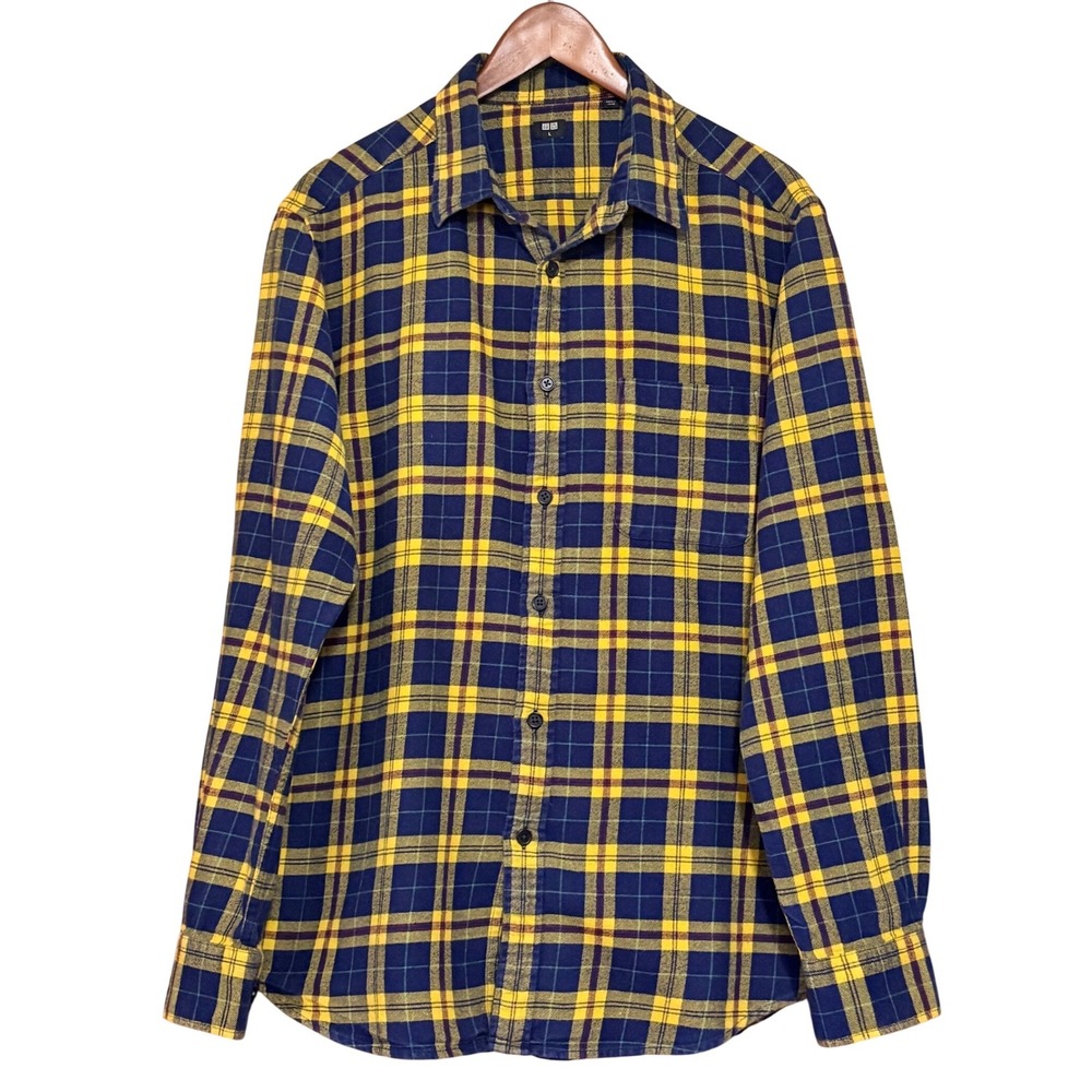 UNIQLO Mens Long Sleeve Plaid Flannel Button Up Shirt L Navy Blue Yellow